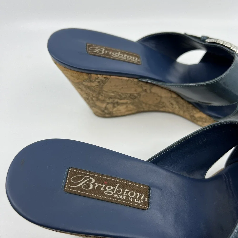 Brighton Summer 199 Italy Blue Patent Cork Wedge Sandals Women‎ 10